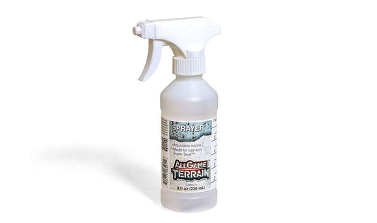 AllGame Terrain Super Seal Spray Glue Sprayer with adjustable nozzle and measurement markings, 8 fl oz bottle.