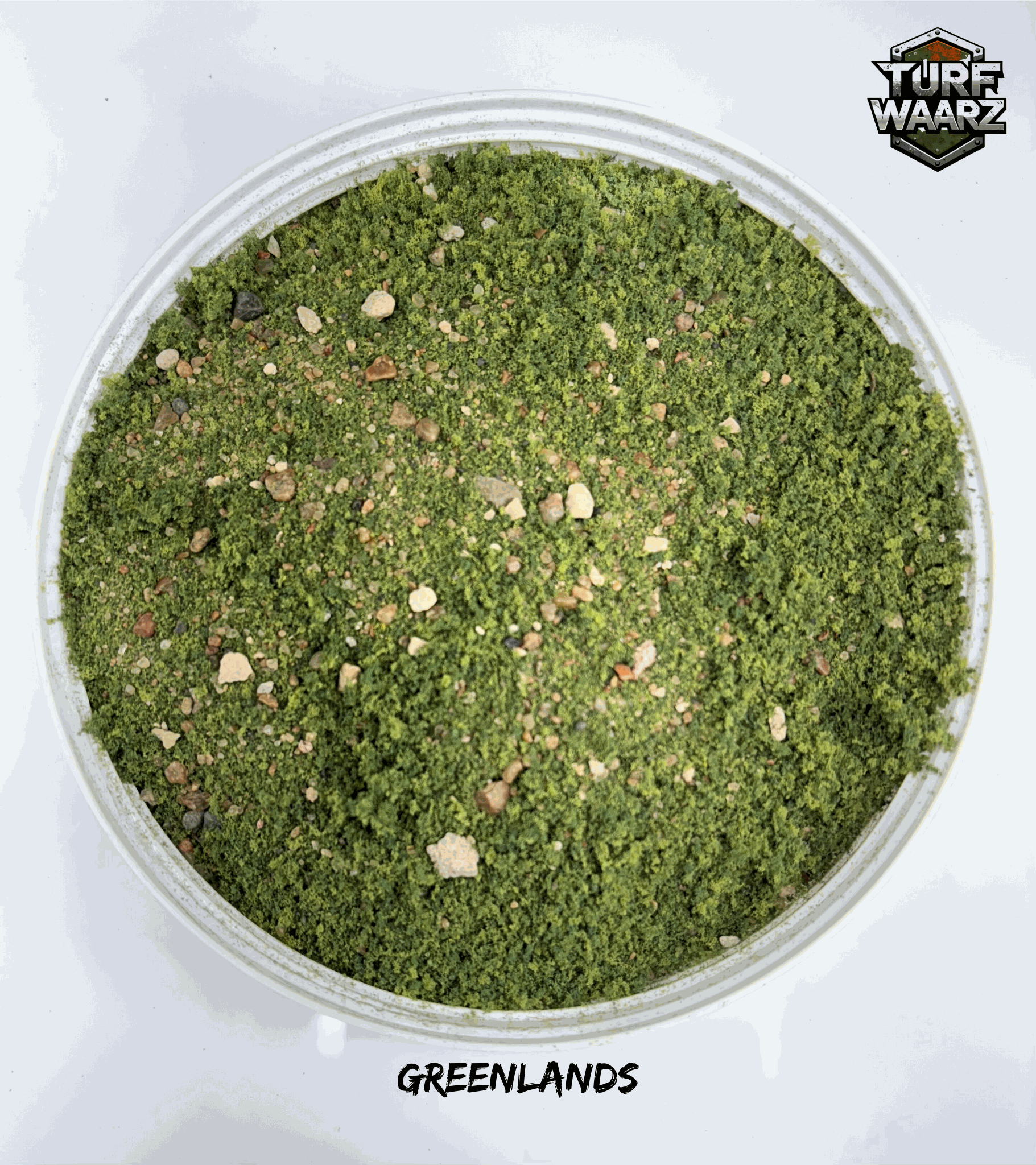 Turf Waarz Greenlands Wargame Turf with mixed gravels and sands in a plastic container for tabletop and miniature terrain modeling.