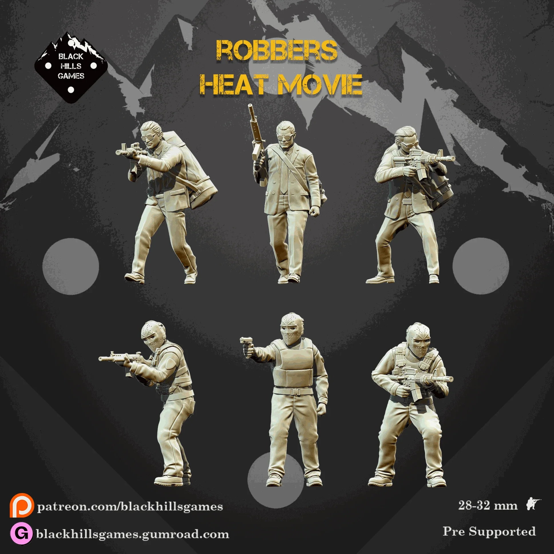 Set of six 28mm modern bank robber resin miniatures unpainted with detailed poses