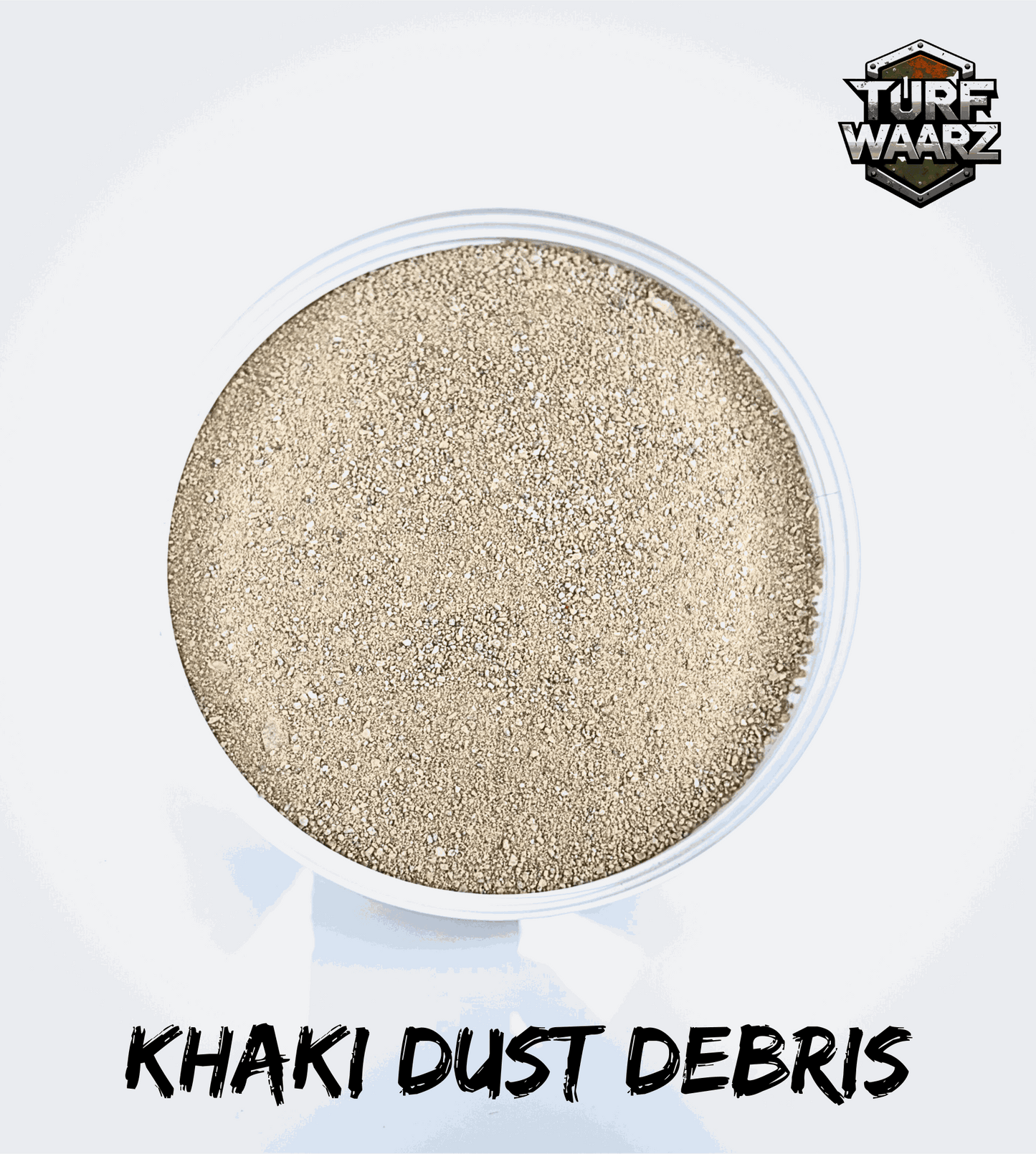 Container of Turf Waarz Khaki Dust Debris wargame turf showing fine khaki-colored gravel and sand for realistic terrain modeling