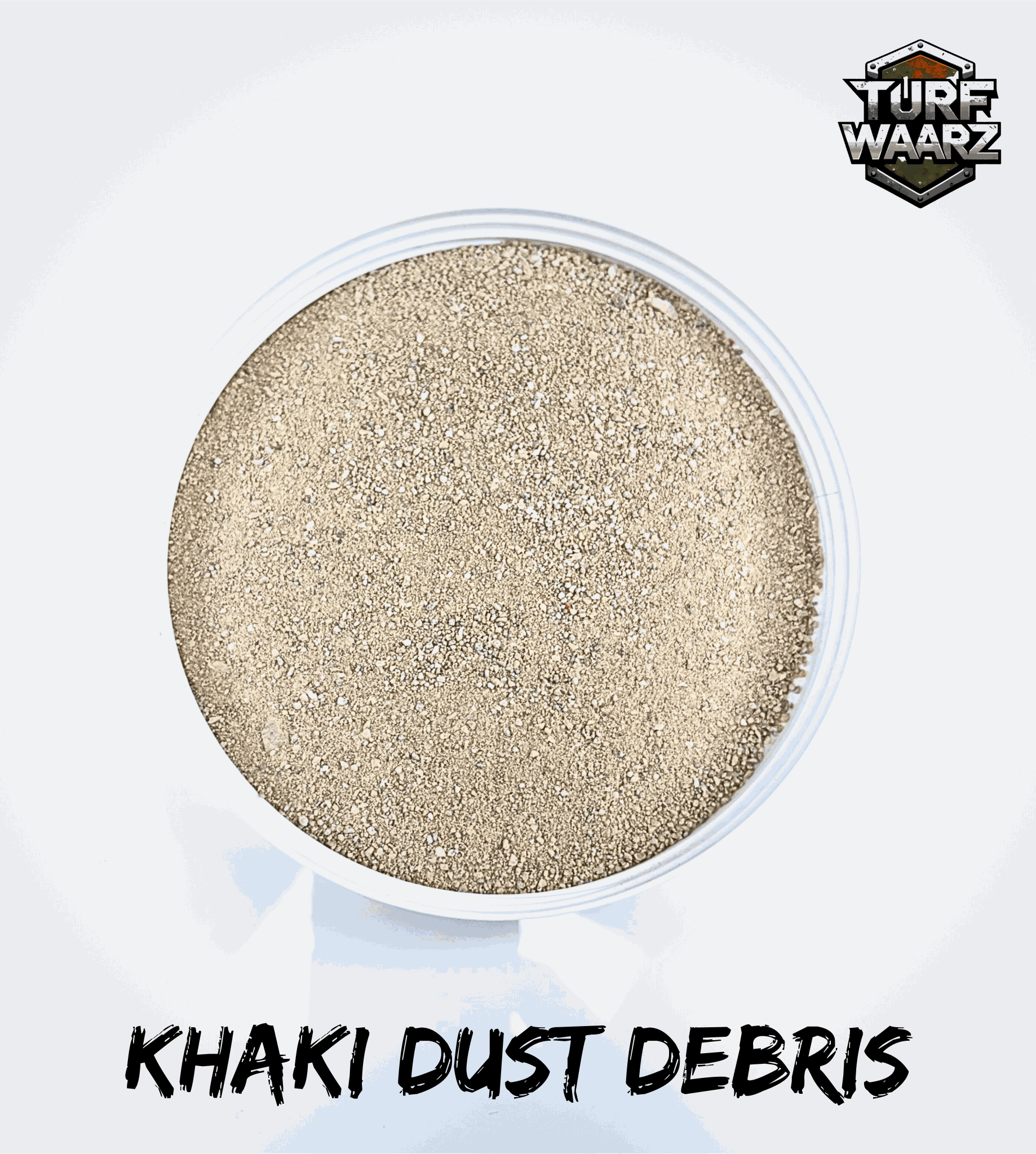 Container of Turf Waarz Khaki Dust Debris wargame turf showing fine khaki-colored gravel and sand for realistic terrain modeling