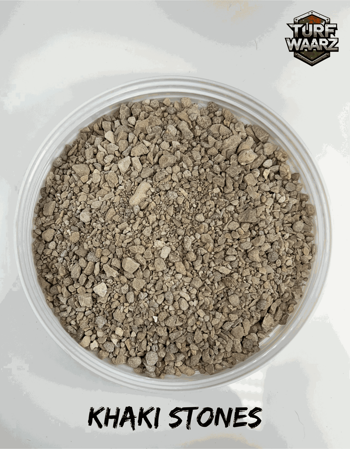 Khaki Stones Wargame Terrain in clear plastic container for tabletop and miniature wargames by Turf Waarz