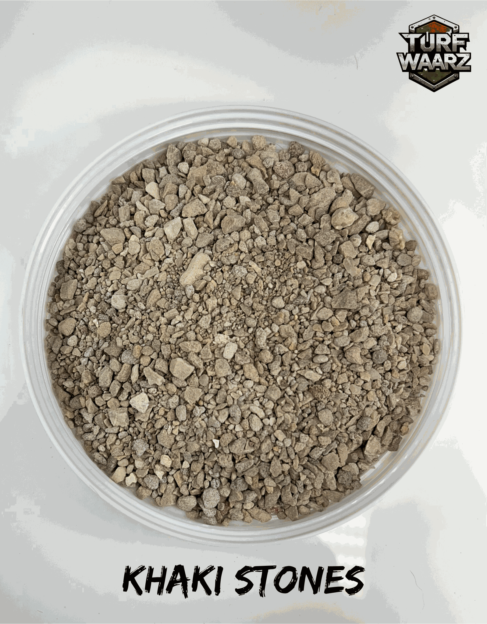Khaki Stones Wargame Terrain in clear plastic container for tabletop and miniature wargames by Turf Waarz