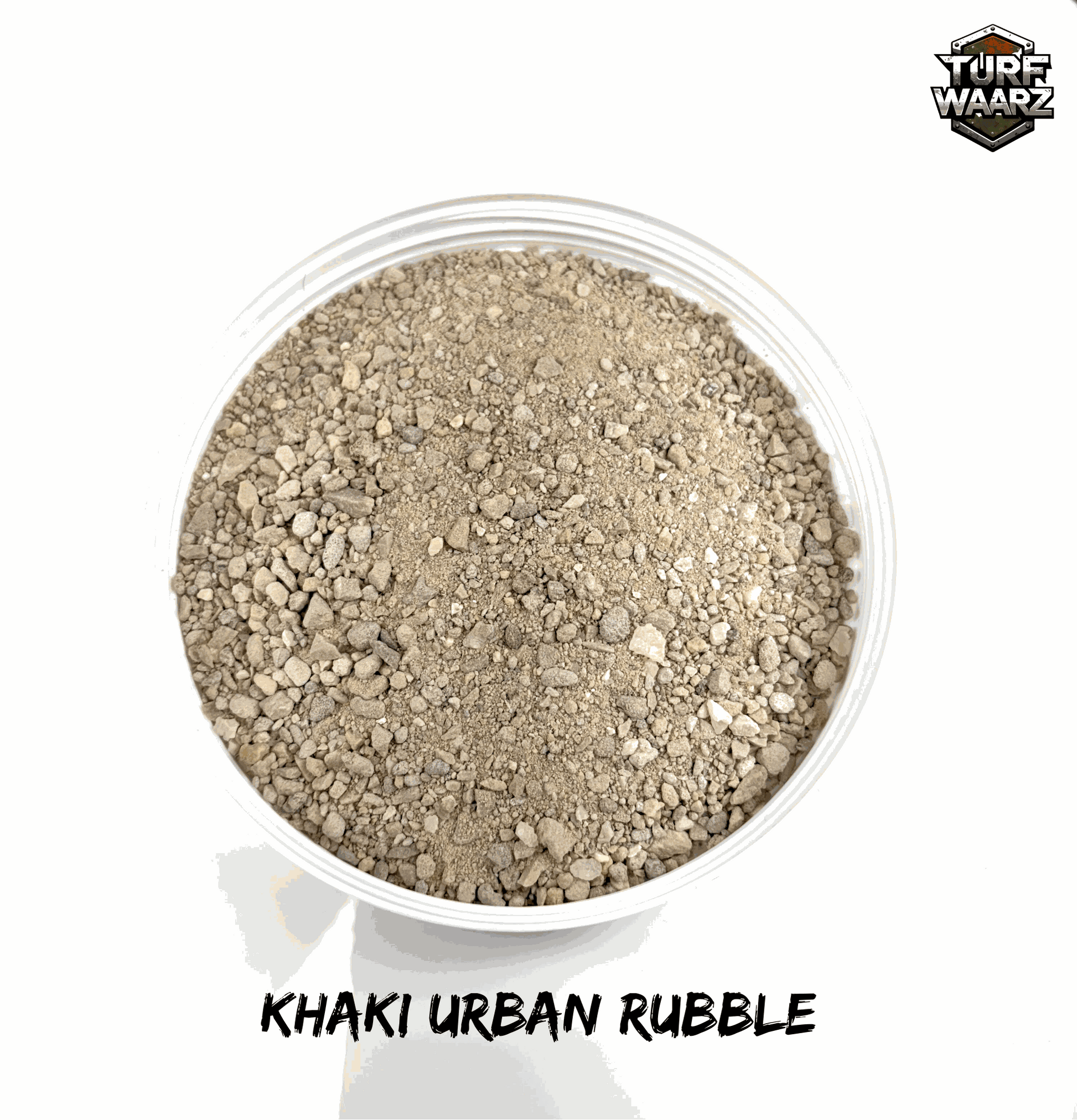 Container of Khaki Urban Rubble wargame turf made of mixed gravels and sands for terrain modeling