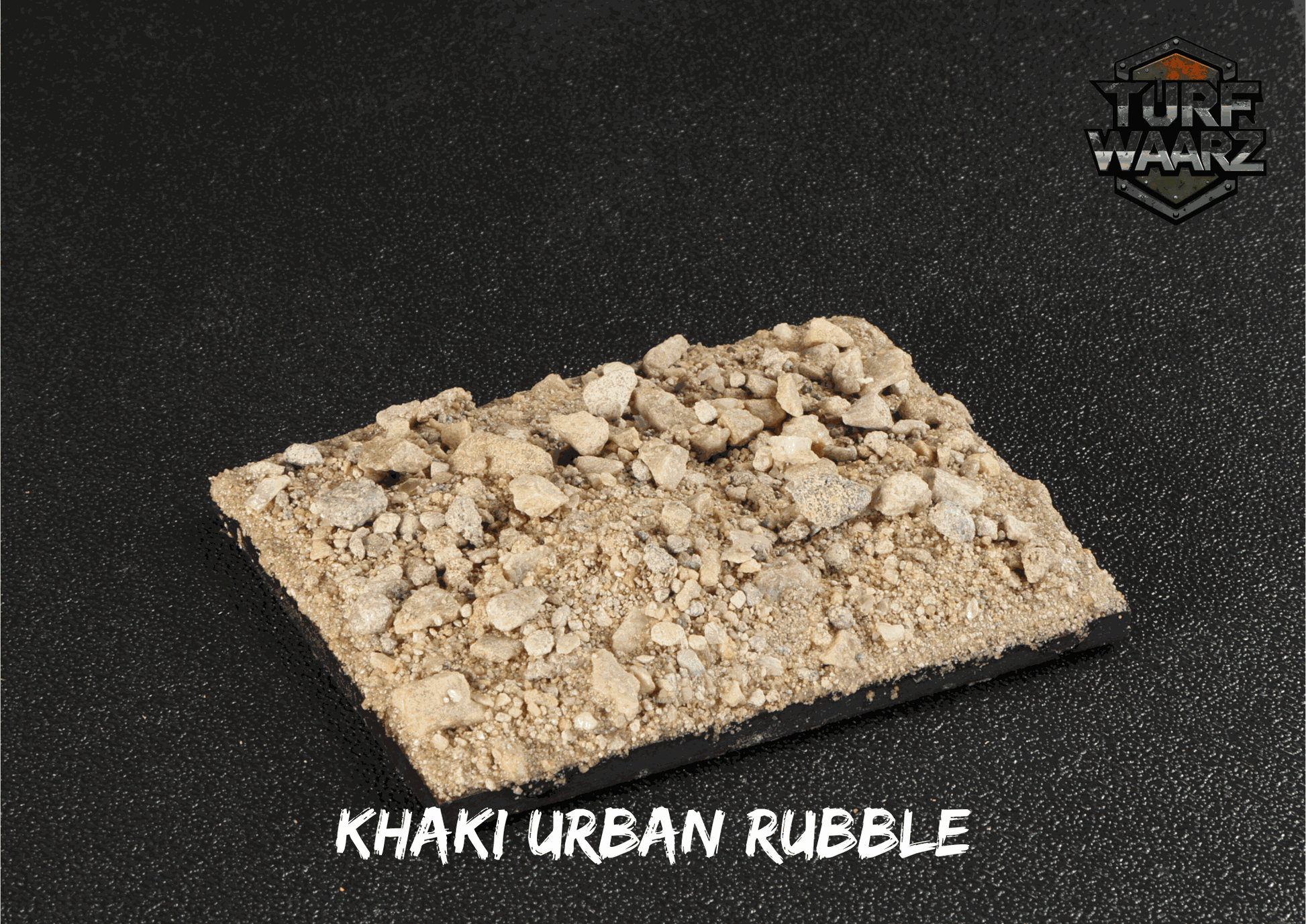 Turf Waarz Khaki Urban Rubble miniature wargame terrain scatter with khaki rubble and gravel texture on a rectangular base
