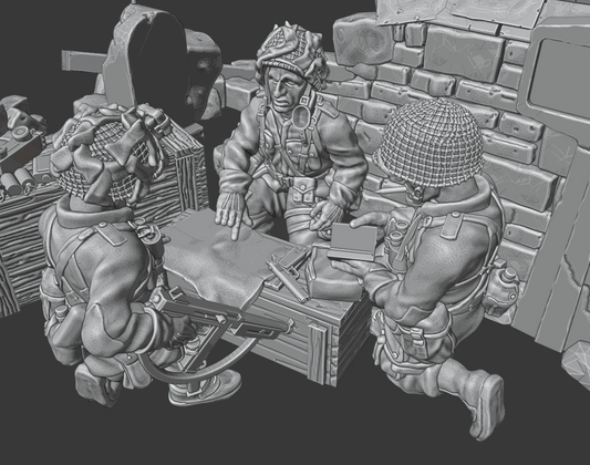 28mm WW2 US paratroopers command group diorama with three officers briefing over a map on an ammunition crate