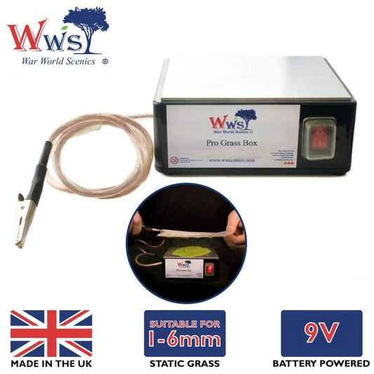 WWScenics Pro Grass Box static grass applicator device with clip and power switch for miniature basing, battery powered, made in the UK, suitable for 1-6mm static grass fibers