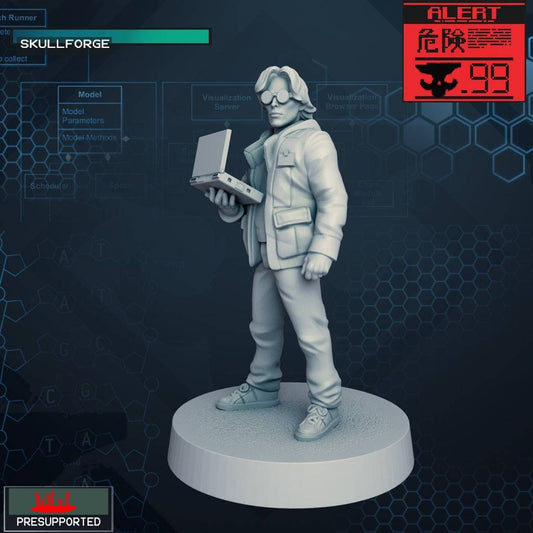32mm resin printed miniature of a scientist holding a laptop on a round base, unpainted and detailed