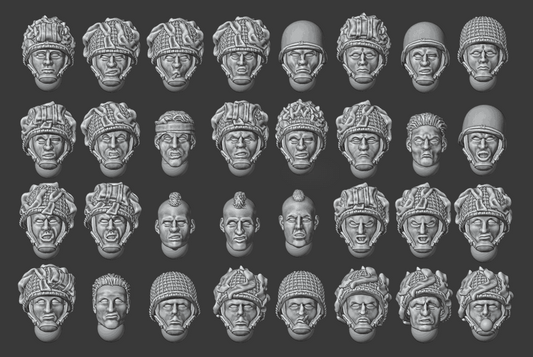 28mm WW2 US Airborne Heads set of 32 unpainted resin miniature paratrooper heads with helmets and diverse facial expressions for tabletop games