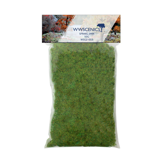 WWScenics 2mm Spring Static Grass 100g for detailed miniature terrain and model scenery in bright spring green tones