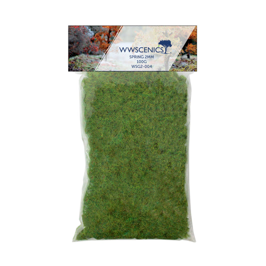 WWScenics 2mm Spring Static Grass 100g bag showing fine green fibres for miniature terrain and model scenery