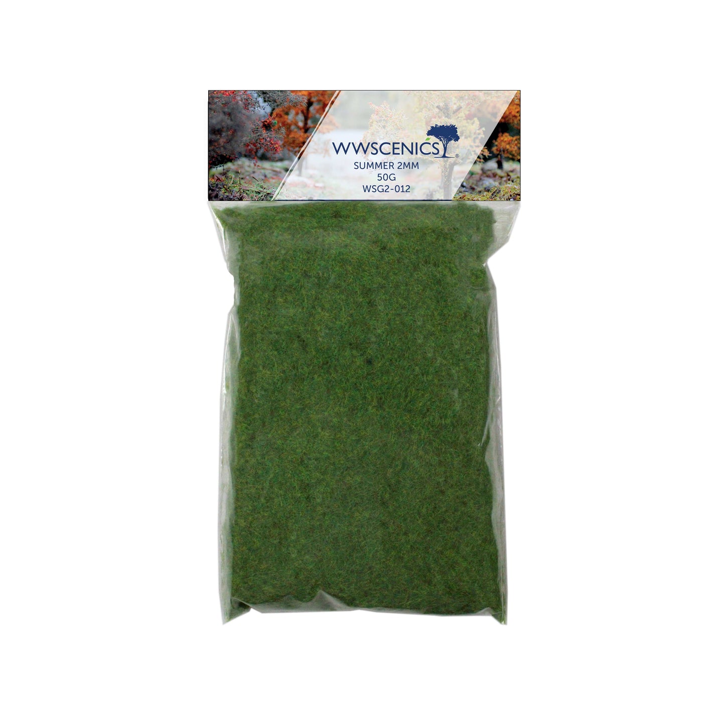 WWScenics 2mm Summer Static Grass 100g pack with vibrant green fibers for detailed wargaming terrain, dioramas, and model railways.