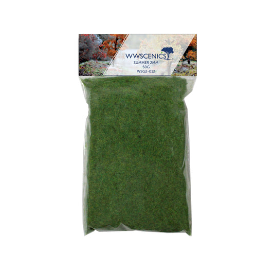 WWScenics 2mm Summer Static Grass 100g pack with vibrant green fibers for detailed wargaming terrain, dioramas, and model railways.