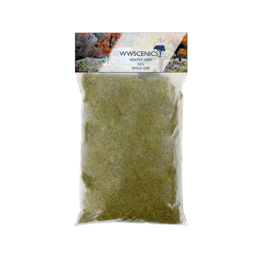 WWScenics 2mm Winter Static Grass in 100g pack for realistic winter terrain basing with soft green and straw hues for wargaming, dioramas, and model railways