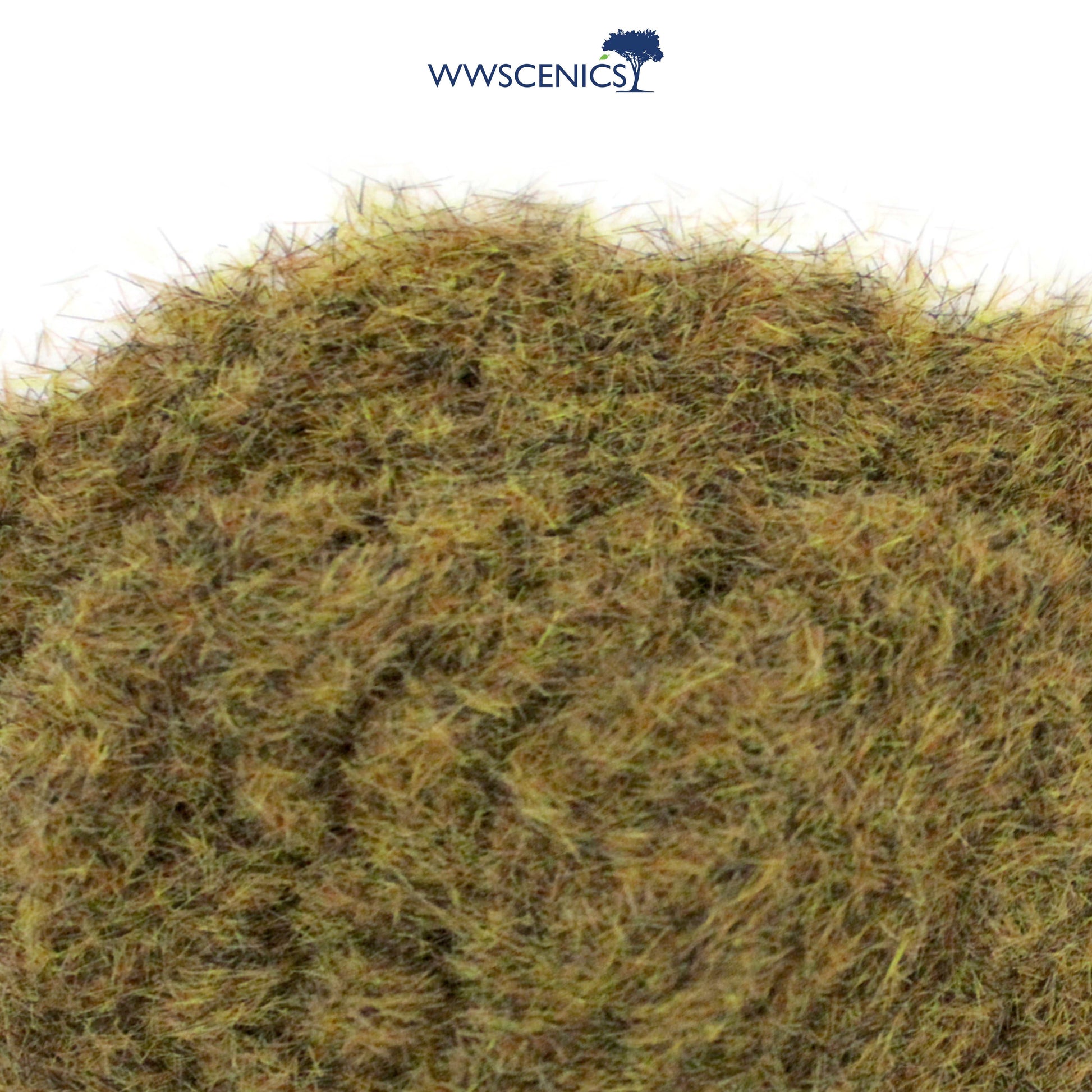WWScenics 2mm Patchy Static Grass with fine 2mm multi-tone green and brown fibers for realistic worn ground and sparse grass effects in miniature scenery.