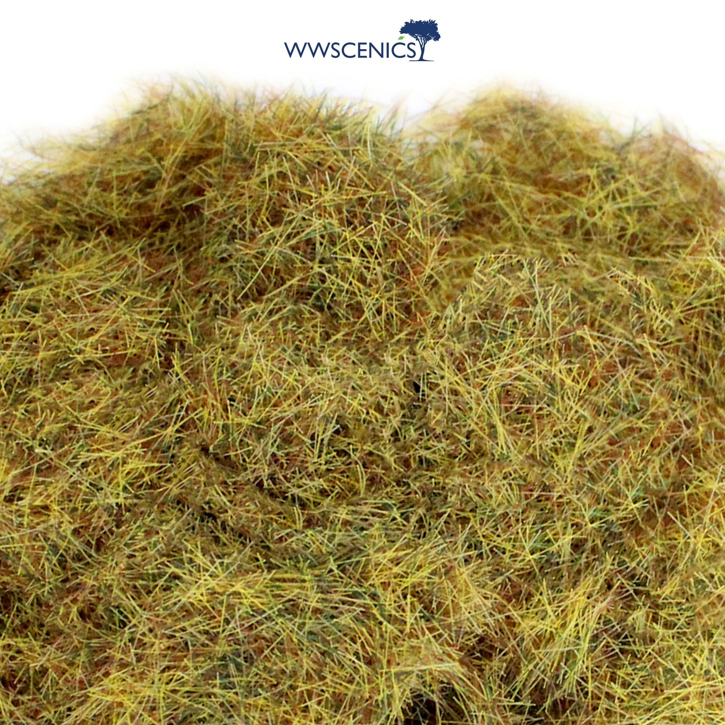 Close-up of WWScenics 4mm Dead Static Grass showing realistic dry, sun-bleached short grass fibers for wargaming, dioramas, and model railway scenery