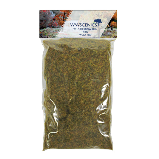 WWScenics 4mm Wild Meadow Static Grass 100g pack for realistic miniature terrain and diorama basing with fine natural green and earth tones