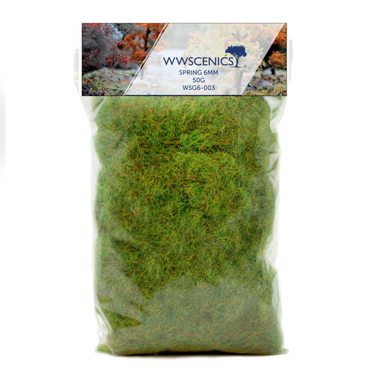 WWScenics 6mm spring static grass for miniature terrain, wargaming boards, dioramas, and model railway scenery, bright fresh green fibers