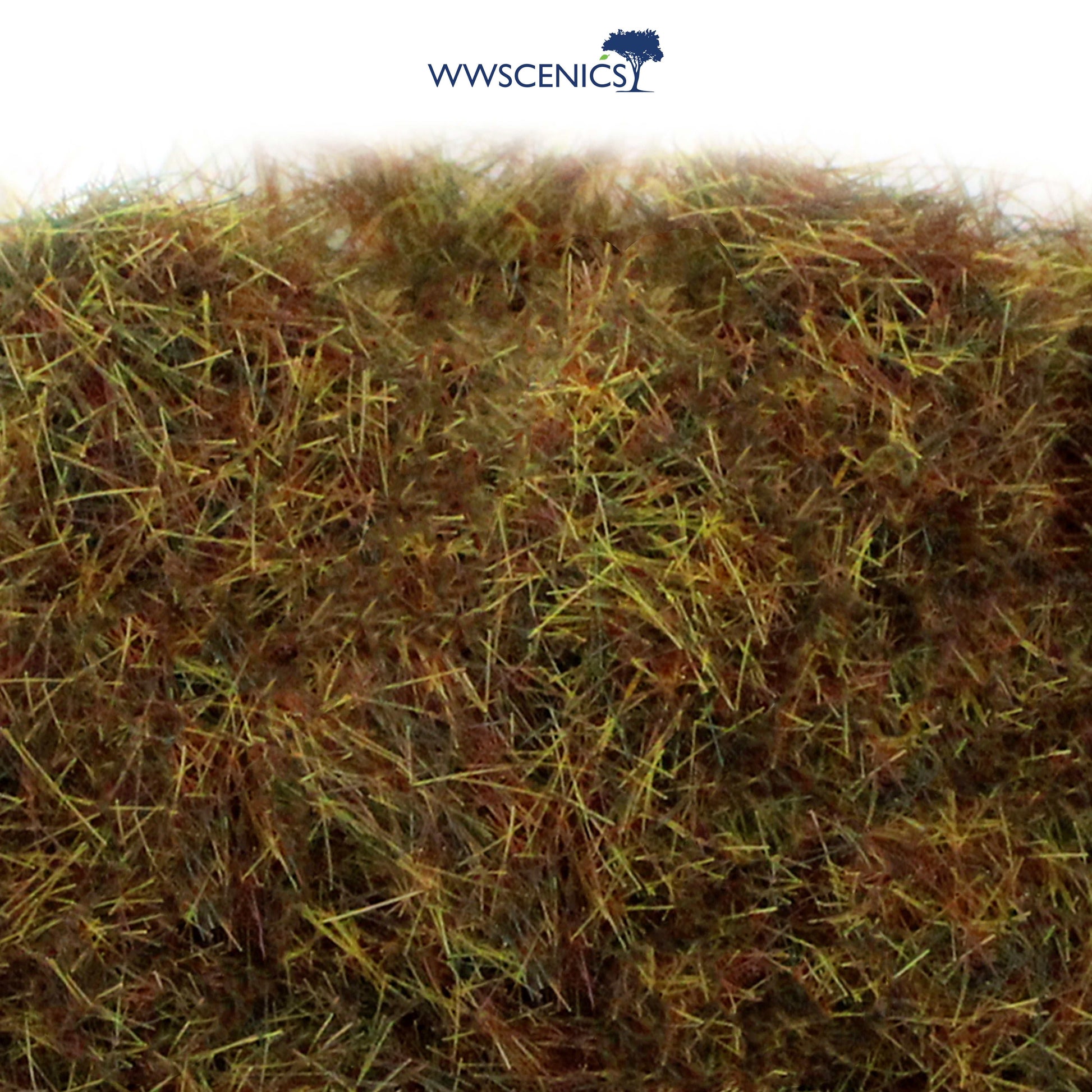 Close-up of WWScenics 6mm Winter Static Grass in soft green and straw tones for realistic cold-season miniature terrain basing and dioramas.