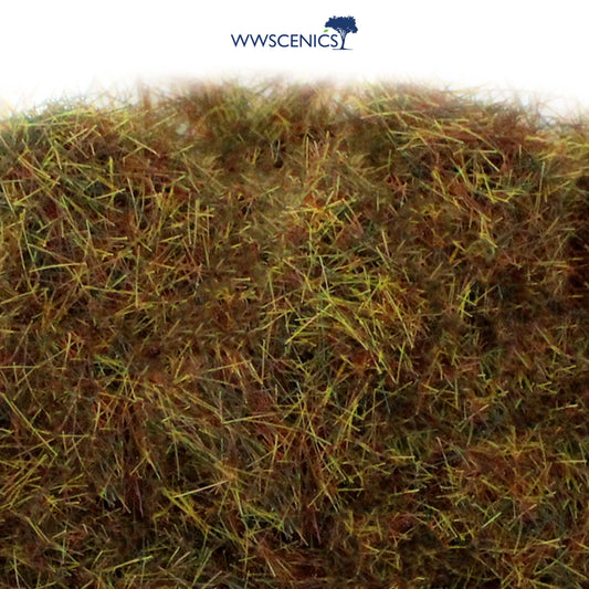 Close-up of WWScenics 6mm Winter Static Grass in soft green and straw tones for realistic cold-season miniature terrain basing and dioramas.