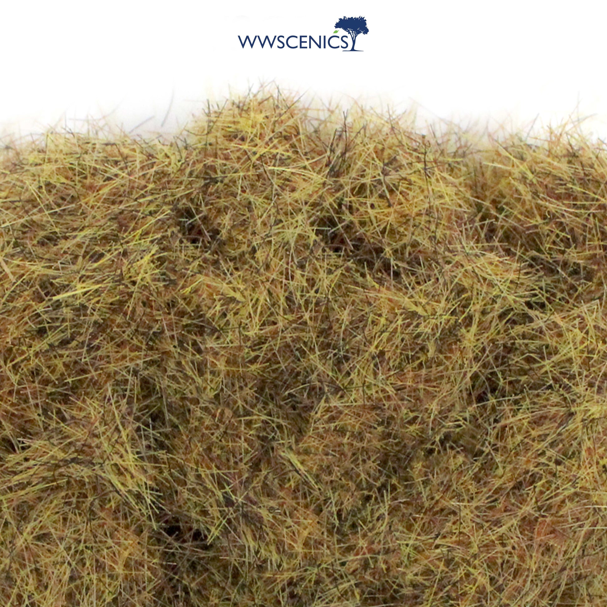 WWScenics 6mm Patchy Static Grass with fine multi-tone green and brown fibers for realistic miniature terrain and model scenery
