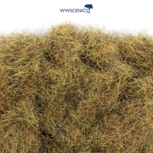 WWScenics 6mm Patchy Static Grass with fine multi-tone green and brown fibers for realistic miniature terrain and model scenery