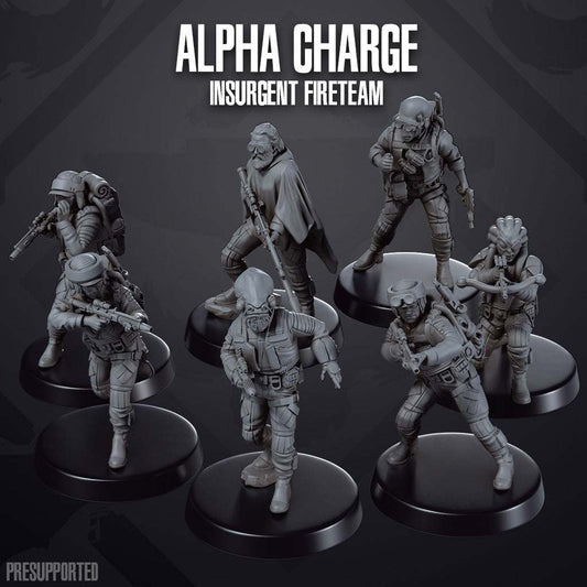 Set of eight 32mm Alpha Charge insurgent fireteam resin miniatures unpainted on black bases