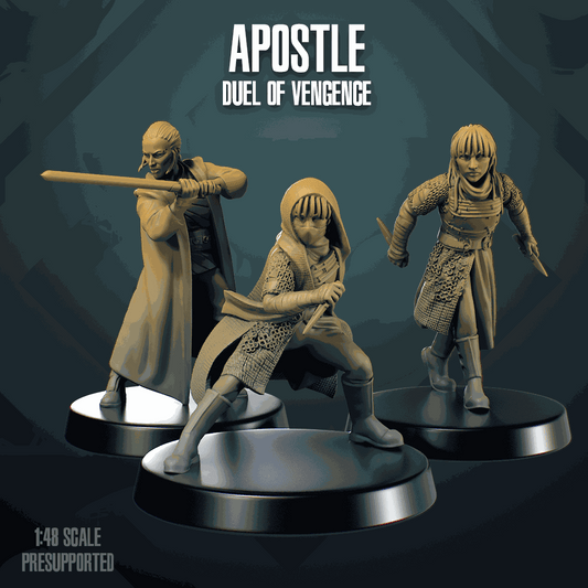 Set of three 32mm Apostle miniatures in resin, unpainted and prepped for assembly, highly detailed figures for tabletop gaming.