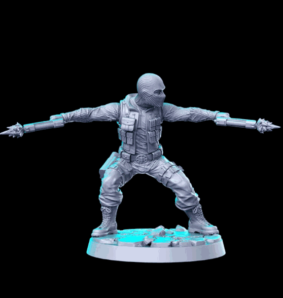 32mm resin model of a tactical figure in a dynamic pose for modern pulp gaming, unpainted and unbased.