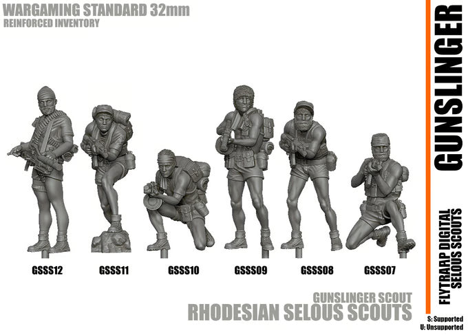 28mm Modern GUNSLINGER resin miniatures set featuring six unpainted Rhodesian Selous Scouts in tactical poses for wargaming.