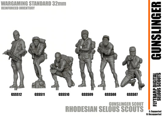 28mm Modern GUNSLINGER resin miniatures set featuring six unpainted Rhodesian Selous Scouts in tactical poses for wargaming.