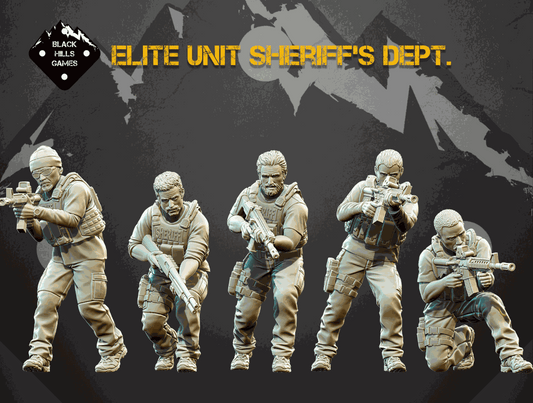 28mm Modern Elite Unit Sheriff’s Dept resin miniatures set with 5 unpainted sheriff operators holding M4 and SCAR assault rifles