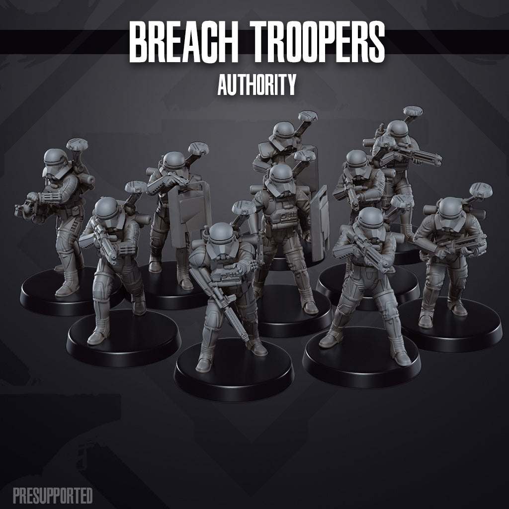 Set of nine unpainted 32mm Beach Troopers Authority resin miniatures with detailed weapons and armor.