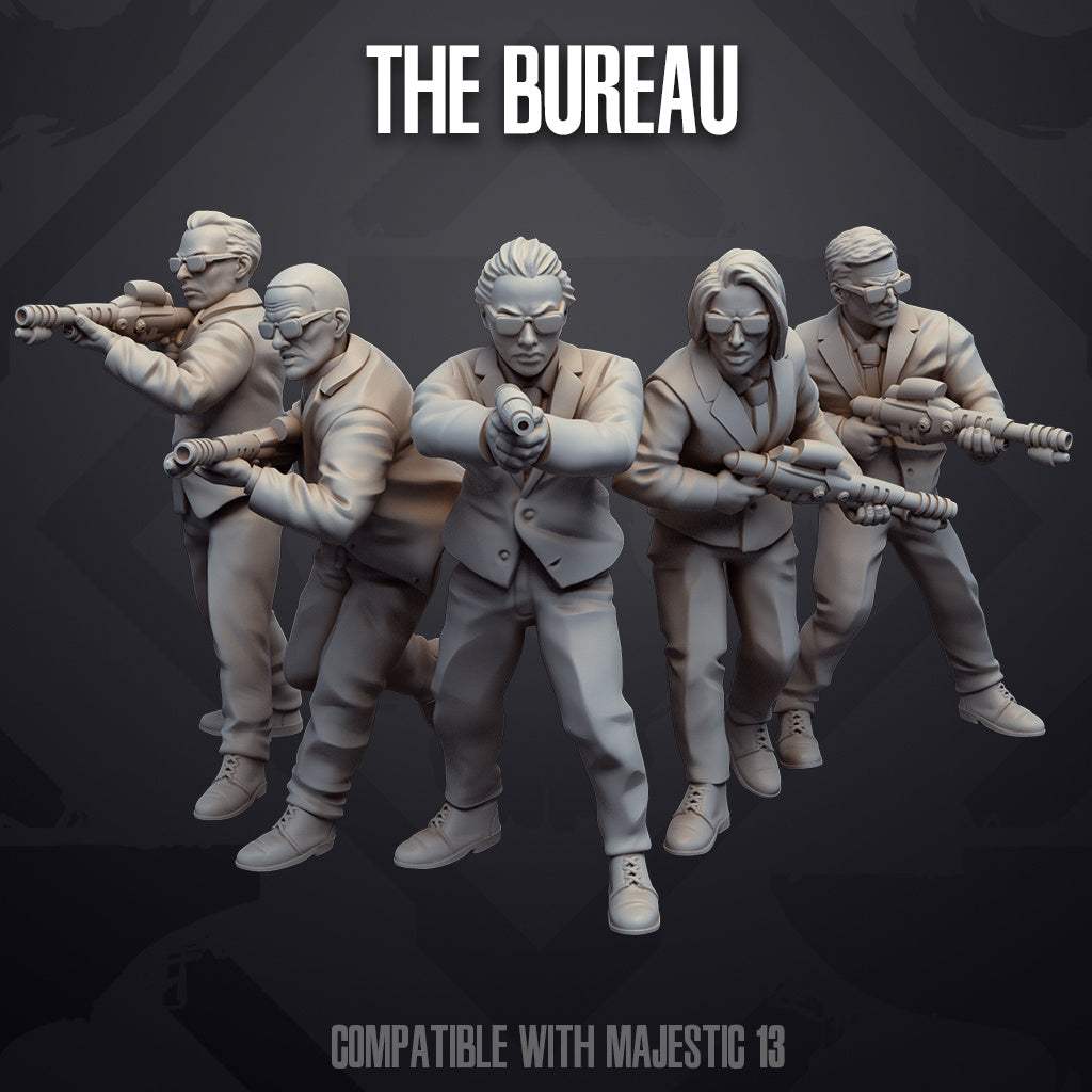 Set of five 32mm printed miniatures titled The Bureau, detailed resin models, unpainted and assembled.