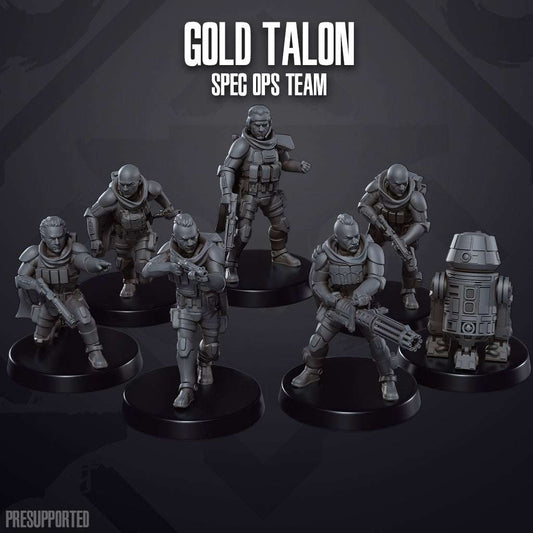 Seven 32mm Gold Talon Spec Ops resin miniatures unpainted and assembled with detailed tactical gear and robot figure