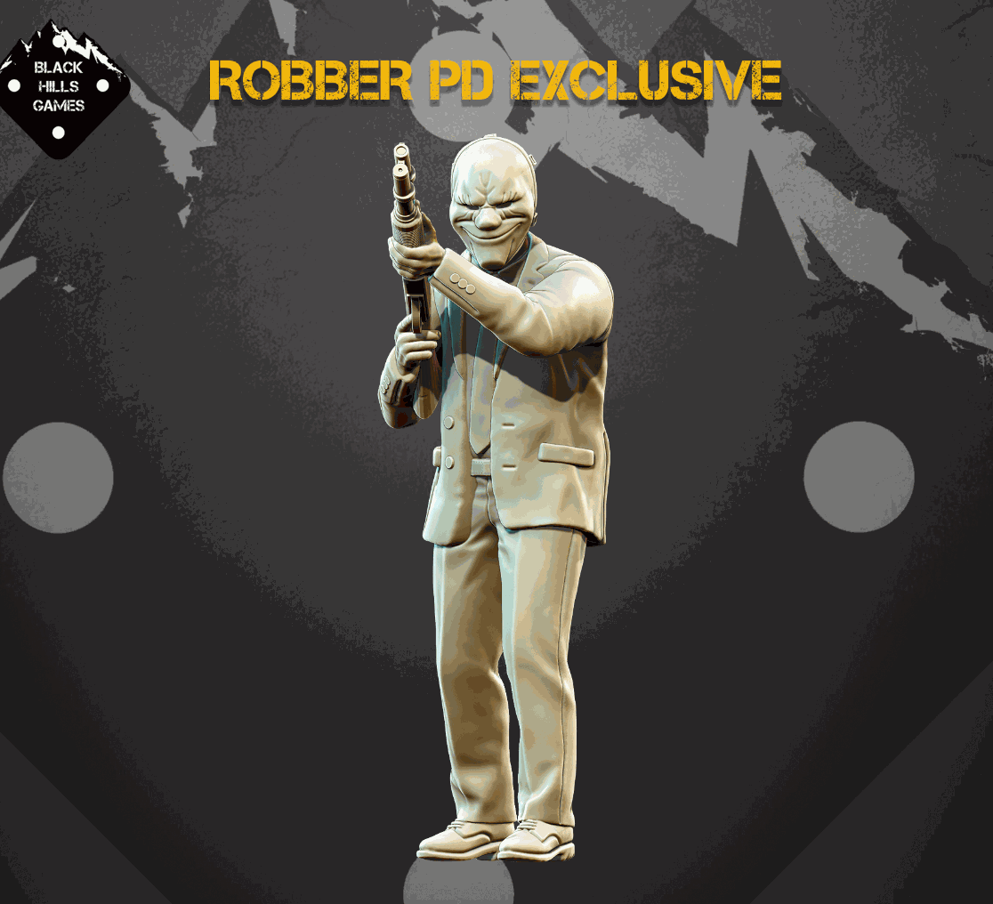 28mm resin miniature of a modern bank robber wearing a clown mask holding a gun unpainted model