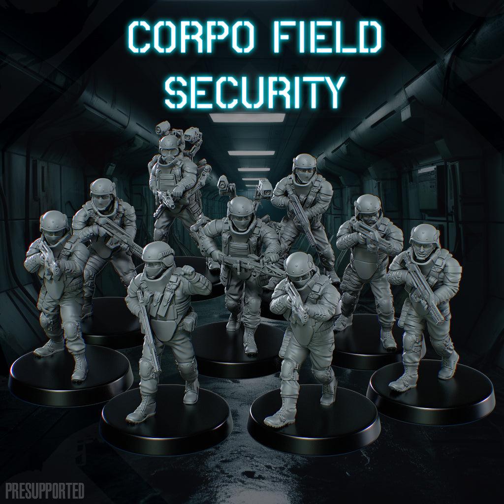 Set of nine unpainted 32mm Corpo Field Security resin miniatures on black bases