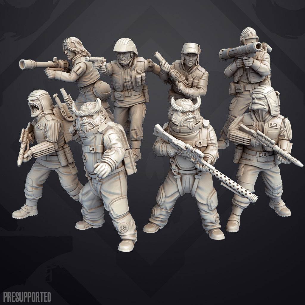 Set of eight 32mm printed resin miniatures of covert raiders with detailed tactical gear and weapons, unpainted and unbased