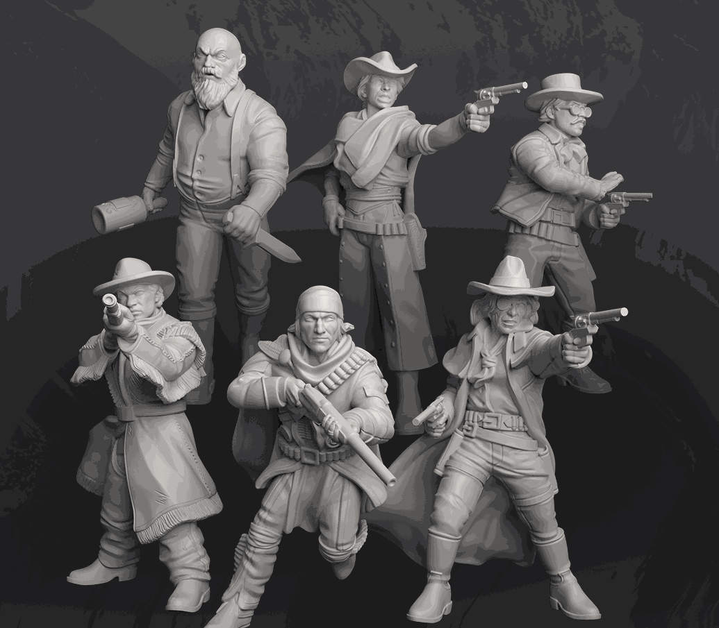 Set of six 32mm Dead by Lead resin miniatures unpainted and unassembled detailed western figures