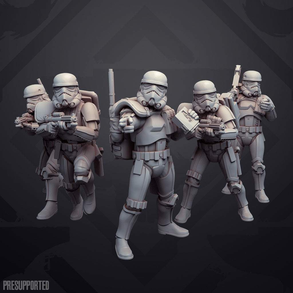 Set of five unpainted 32mm Desert Troopers resin miniatures with detailed armor and weapons, unassembled and ready for painting