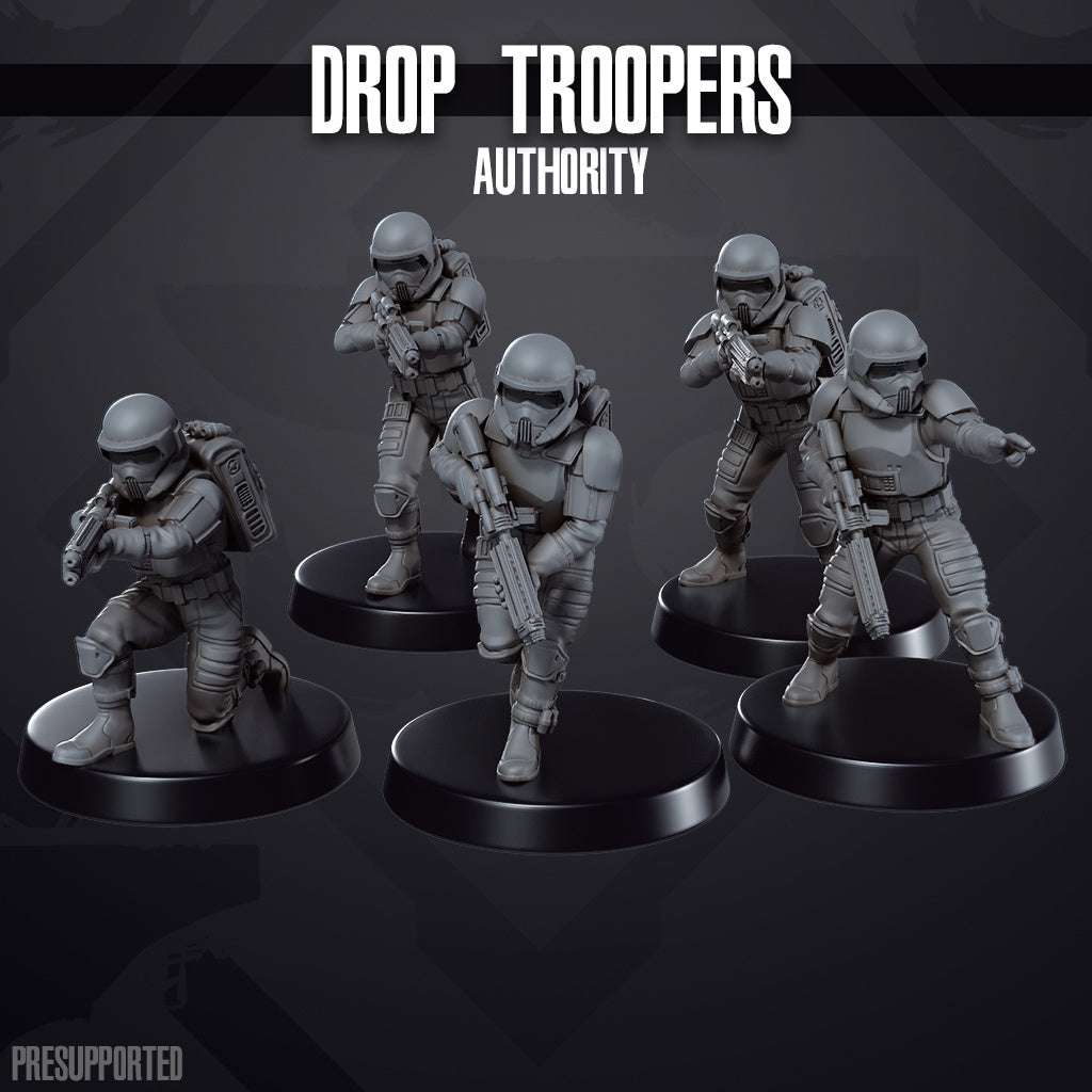 Set of five unpainted 32mm resin Drop Troopers miniatures with detailed armor and weapons on round bases