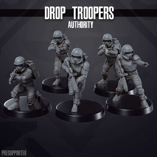 Set of five unpainted 32mm resin Drop Troopers miniatures with detailed armor and weapons on round bases