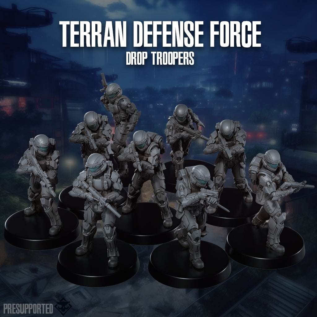 32mm Frost Infantry set of ten detailed resin miniatures of Terran Defense Force drop troopers unpainted and assembled