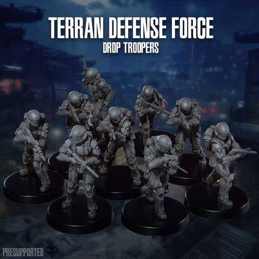 32mm Frost Infantry set of ten detailed resin miniatures of Terran Defense Force drop troopers unpainted and assembled