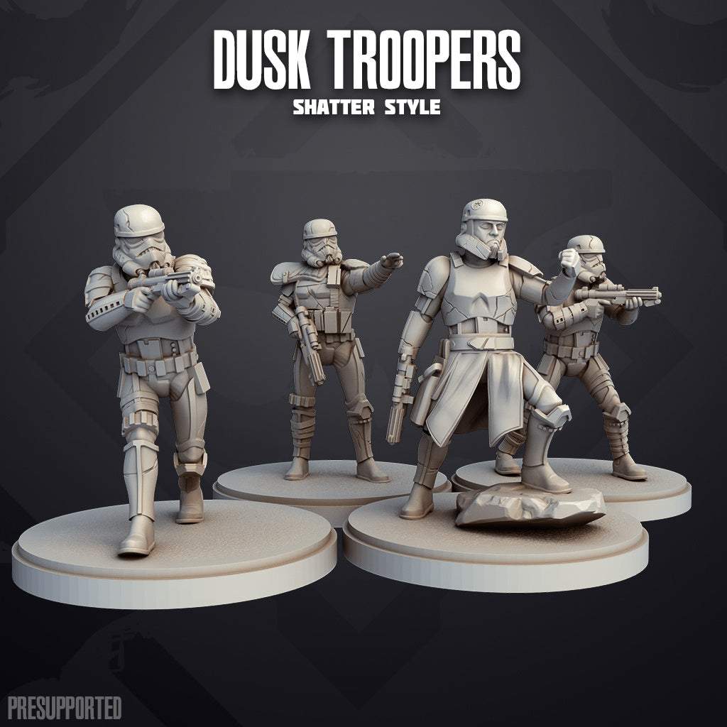 Set of four 32mm unpainted resin 32mm Dusk Troopers miniatures in various poses without bases