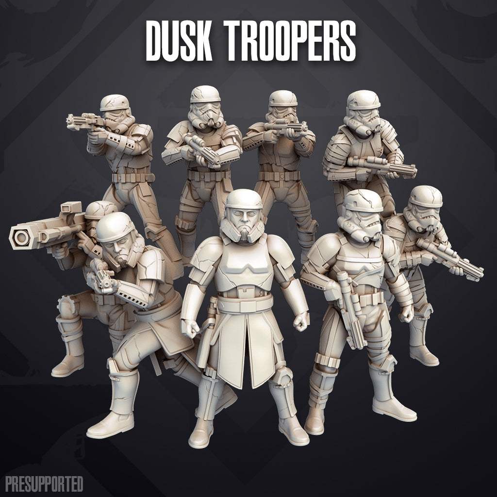 Set of nine 32mm unpainted resin 32mm Dusk Troopers miniatures with detailed armor and weapons, unassembled and base not included.