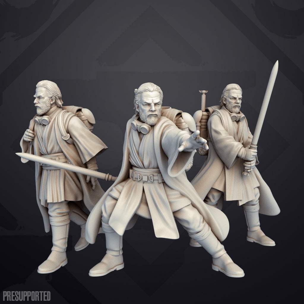 Set of three 32mm Exiled Wizard resin miniatures in dynamic poses, unpainted and detailed