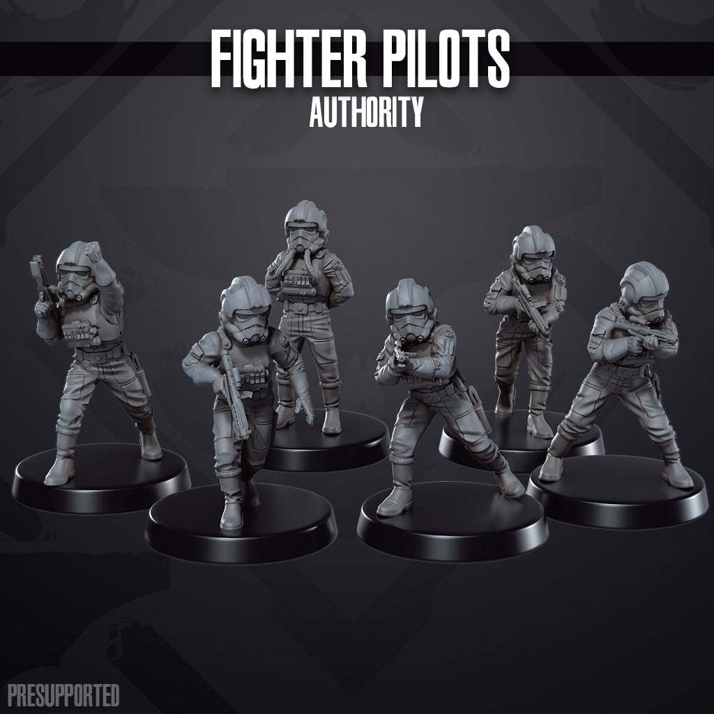 Set of six 32mm resin printed unpainted fighter pilot miniatures in various poses on black bases
