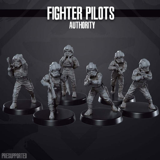 Set of six 32mm resin printed unpainted fighter pilot miniatures in various poses on black bases