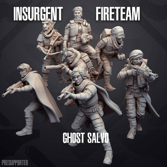 Set of seven 32mm resin printed miniatures depicting an insurgent fire team, unpainted models with detailed poses and equipment